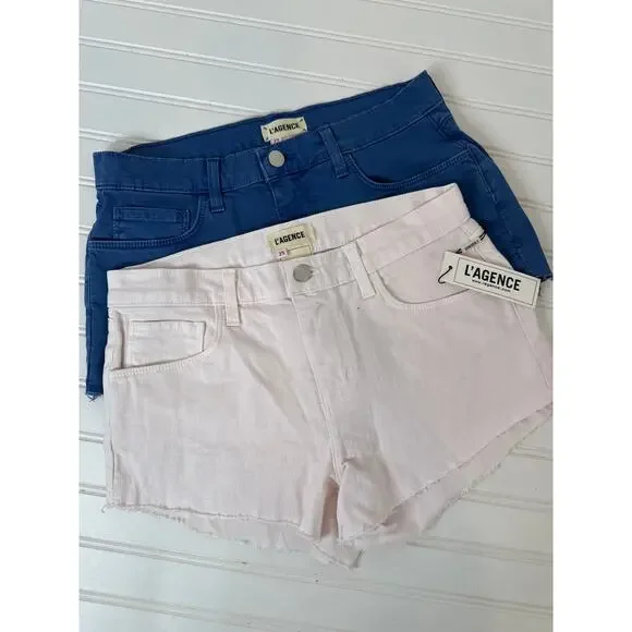 NWT L’AGENCE Audery Denim Shorts Pink & Blue Raw Hem Cut Off Bundle Size 25